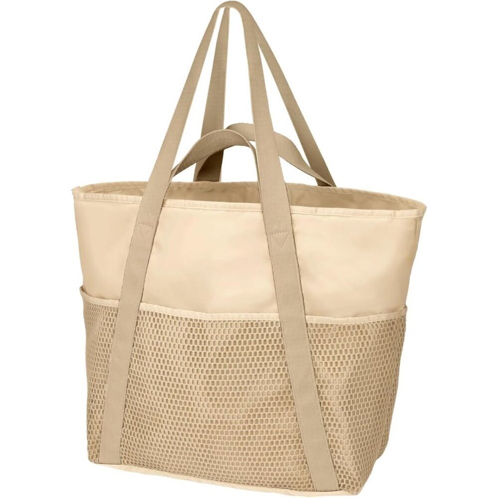 Women's Beige Vacation Waterproof Sandproof With Zipper Mesh Pockets Beach Bag